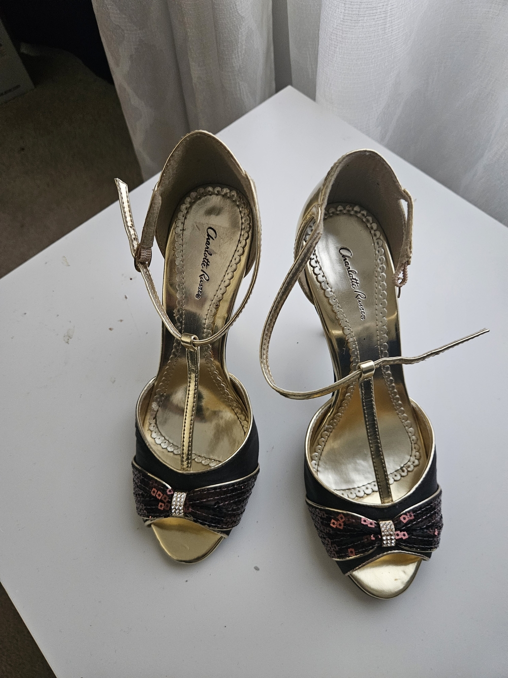 Charlotte Russe Black and Gold Sequin T-Strap Heels